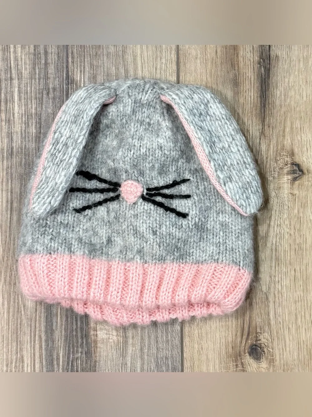 Girls Gray & Pink Bunny Rabbit Knit Winter Hat with Floppy Ears Wool Alpaca